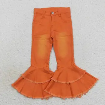 Търговия на едро панталони-клеш с двойни накъдрен с цип за деца, панталони за малки момичета, детски оранжеви дънки от деним, детски дрехи с джобове за бебета