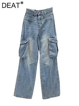 Модни Дамски дънки с висока талия, много джобове, Преки свободни широки дънкови панталони-карго пълна дължина, новост пролетта 2024 29L6788