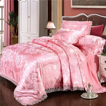 Европейският луксозен дантелен жаккардовый сатен, пухени с чаршаф, комплект спално бельо от висококачествена вискоза с розов цвят, здрави дишащи комплекти спално бельо
