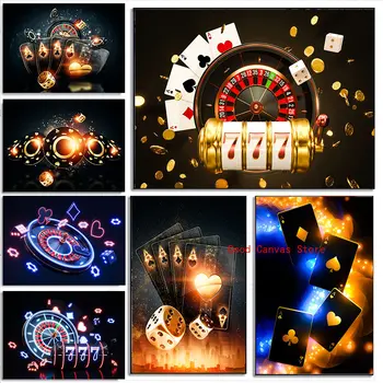 Плакат казино Хазартни игри Рулетка, Слотове, Покер Платно за рисуване Абстрактна стенни модел за декор игрална стая за домашен бар клуб