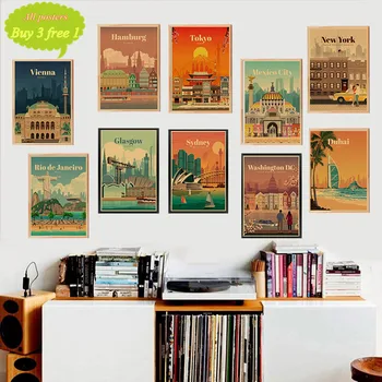 Илюстрация на туристическия плакат, Скандинавски Принт, Градски Пейзаж, Художествена Рисувани от Крафт-хартия, Стенни картина, Обстановка домашна бар в хола