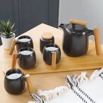Колекция от керамични чаени чаши с дървена дръжка, Япония, 50 мл, 2 бр.