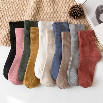 Есенно-зимни чорапи, детски японски обикновен дамски памучни чорапи със средна дължина, памучни и удобни дамски чорапи с високи бомбетата