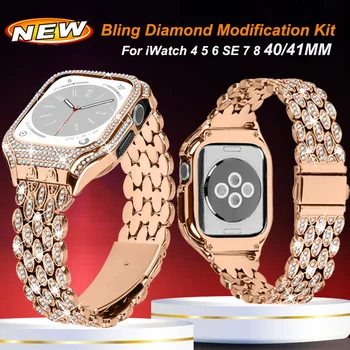 Комплект Модификация Diamond Bling Калъф + Каишка За Apple Watch Band 41 мм 40 мм Женски Модерен Метална Гривна За iWatch SE 6 7 8 Калъф