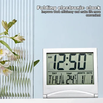 Шарнирен Електронен Сгъваем LCD цифров с будилник, настолни пътни Мини часовник, Многофункционален часовник с прогнозата за времето, Подарък часовник