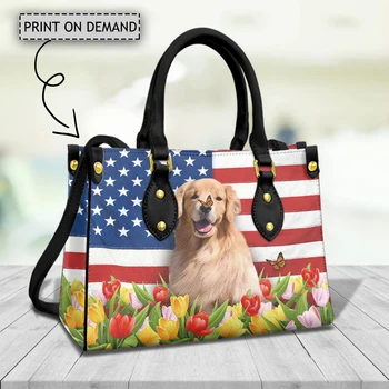 Флаг на САЩ с Куче Голдън Ретривър, Чанти за Подарък, Модни Дамски Чанти През Рамо, Ежедневни Кожени Чанти през Рамо с Горната дръжка за Жени