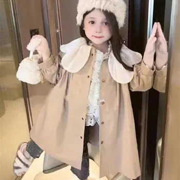 есен, тренч за малки момичета с шал яка листче, однобортный топ, палто за деца, яке, детски дрехи в корейски стил 3-8 години