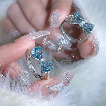 Нови пръстени със сини кристали, Романтично Розово пръстен с лък във формата на сърце, брилянтният пръстен за жените, аксесоари Y2K, Модерни Подаръци за партита, за сладки момичета
