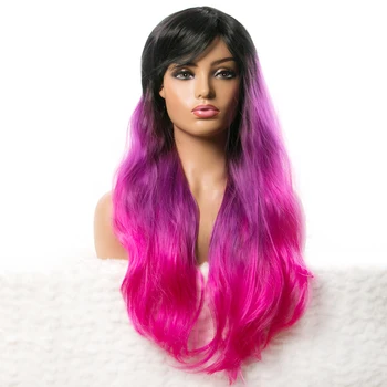 Синтетични дълги Къдрави перуки за черни жени с коса афроамериканки Оранжево и лилаво с бретон Огнеупорни перука