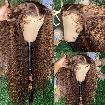 Светла перука, завързана с цип 13x4, Къдрава перуки, изработени от човешка коса отпред, HD Прозрачни перуки с дълбока вълна отпред за черни жени