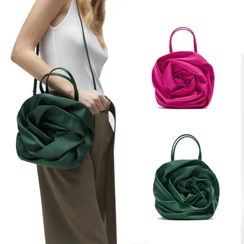 Z 2023 Нова дизайнерска чанта през рамото във формата на цвете, дамски копринени сатен текстура, чист цвят, метални чанта през рамо контрастен цвят