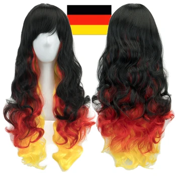 Soowee Черен, червен, жълт Дизайн хартата Германия, Къдрава коса, перуки за cosplay, с бретон, костюм за Хелоуин, Перука