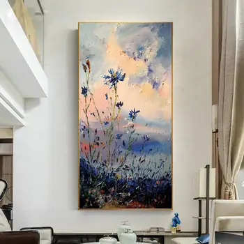 Цвете, ръчно рисувани с маслени бои върху платно, абстрактна картина с цветя лилава орхидея, цвете стенно изкуство, боядисване с заревом планински залез