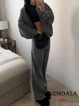 Ежедневни Сиви спортни дамски костюми KONDALA, якета с цип, с дълъг ръкав + широки панталони с еластичен ластик на талията, модерен есенно-зимни костюми 2023 година