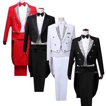 Мъжки костюм смокинг в стил мозайка, 2 броя, черен/червен Модерен мъжки дворец блейзър за сватбени партита, яке и панталони