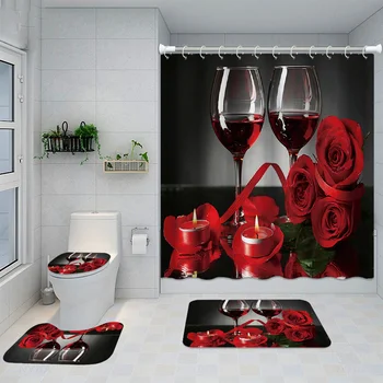 Романтичен Комплект декор баня с червено вино и рози Включва завеса за душ, Нескользящий Мат, Покритие на седалката за тоалетна и мат U-образна форма, 12 Куки