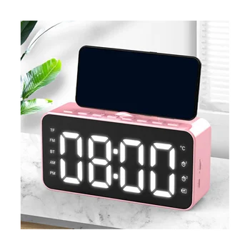 Многофункционална аларма, радио, настолни часовници с LCD дисплей, възпроизвеждане на музика, съвместим с Bluetooth, цифров часовник с аларма, Офис розов
