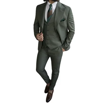 Модерен мъжки костюми Зелен Оборудвана Блейзър От 3 части, жилетка, панталони, Комплект /Сватба Облекло За Младоженеца, Бизнес Класически Мъжки Дрехи/Ежедневна Рокля