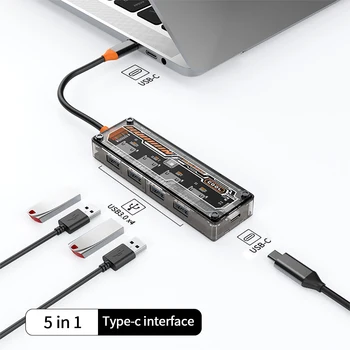 1БР Прозрачен Дизайн Type-C Hub 5В1 USB3.0/RJ-45 Hub Многофункционален 4K30Hz HDMI-съвместим USB 3.0 Адаптер За Лаптоп Таблет