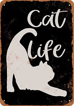 Метален знак - Котка Life (черен фон) - Ретро декор на стените за кафе-бар, пъб, на домашна бира, изделия за декорация на дома