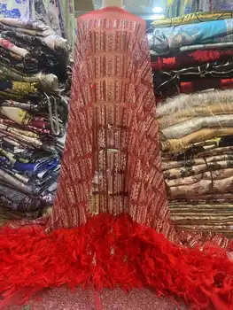 Червени Последните кралски френски пайети, лейси кърпа за младоженеца, сетчатое дантела от пухкави пера, африканска лейси плат с бродерия за сватбена рокля.