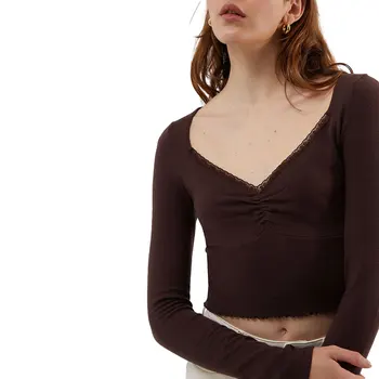 Дамски ежедневни ранната есен облегающая тениска с дълъг ръкав и V-образно деколте, завързана жена съкратен топ в стил мозайка, градинска облекло за ежедневието