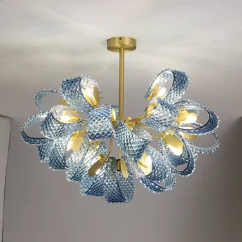 Led таван полилей Creative Art Decor Луксозен Синьо Стъкло Мед цвете Окачен лампа Блясък Home Decor Окачен лампа