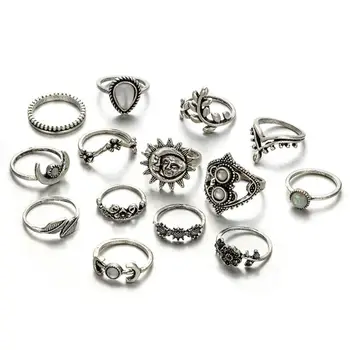 14x Ретро комплект пръстени с Лунен цветя и листа, Готическия Сребърен Комплект пръстени на палеца, украса за Карнавал, Cosplay, K3KF