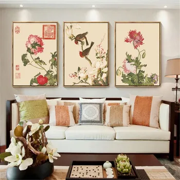 Китайски стил Цветя, птици Ретро принт платно Плакат за декор за всекидневна Домашна стенни модел
