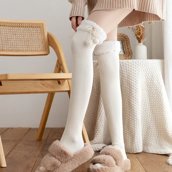 Японски Плюшени чорапи на вертикални райета, есенно-зимните Сладки чорапогащи, Кавайные вълнени чорапогащи от кожа агне, чорапогащи до коляното в стил Лолита