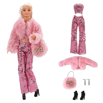 NK 1 Комплект 30 см Благородна Принцеса-Розова Празнична Облекло Модно Палто + Чанта + Обувки + Обеци + Гривни За Кукли Барби Аксесоари Подарък Играчка