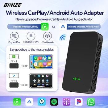 Binize Wireless CarPlay Android Auto Adapter WiFi Bluetooth за VW, Ford Kia Mazda Toyota Plug & Play връзка с безжична мрежа