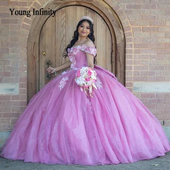Мексикански Розови Блестящи Рокли Quinceanera С Мъниста И Аппликацией във формата На Сърце, Завързана Цвете С Открити Рамене, Сладки 16 Vestidos De 15 Anos Gala