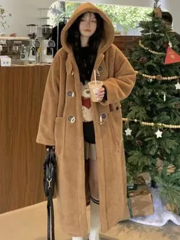Дамско елегантно зимно палто Миди с дълъг ръкав, Корейска Жена Ново Гъст топло свободно палто 2023, Модни Реколта обикновена съоръжения с шапка