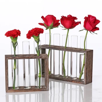 Прозрачна стъклена ваза, дървена рамка, игри на декорация, от стъкло и дървена ваза, тенджери, поставка за цветя, дом на маса, декорация на работния плот