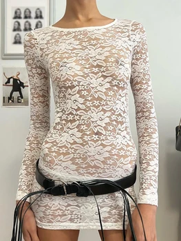 Секси дантелен съкратен топ с открити рамене и дълги ръкави за жени - прозрачна риза в стил Y2K за клубна и улична мода