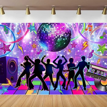 Фон за снимки на диско топки в ретро стил 70-те 80-те 90-те, Цветни означения за денс парти за рожден Ден, нека светят фон