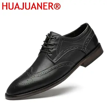 Мъжки обувки, ежедневни луксозни обувки в стил Дерби, бизнес обувки-броги от естествена кожа, Елегантни и официални обувки с остри пръсти, Висококачествени Oxfords