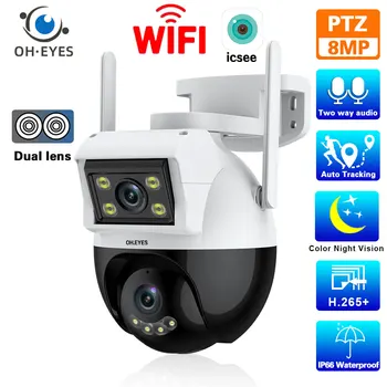 4K Wifi Камера за наблюдение с двойна леща Външно Автоматично следене на Безжична PTZ Камера за видеонаблюдение Цветна IP камера за нощно Виждане iCSee