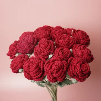 Ново Плетене на една кука Букет от червени рози, ръчно изработени, изкуствени цветя за сватбената парти, Декорация на дома