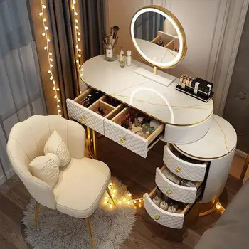 Nordic Vanity Домашни скринове за спалня Луксозен Лек Модерен Тоалетка Мебели за спалня Шкаф за съхранение отстрани и малка странична масичка