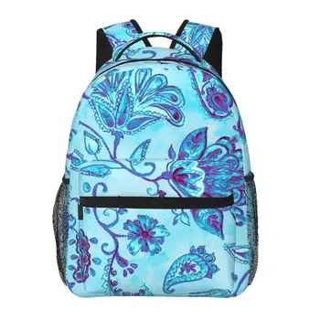 Жена раница със сини цветове, пейсли и листа, училищна чанта за мъже, дамска чанта, всекидневни училище раница