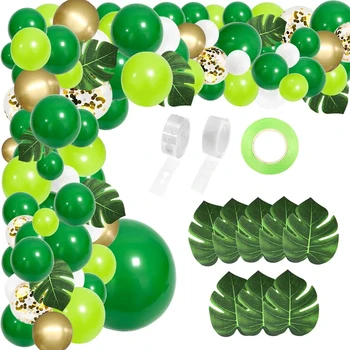 134шт Зелени Балони За Парти в Джунглата, Венец, Арка, Комплект с Изкуствени Палмови Листа за Украса на Парти в Джунглата, на Душата, на рождения Ден на