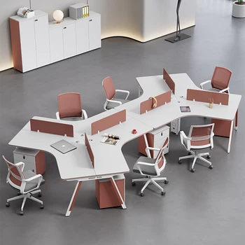Комбинация от офис бюрото и стола за персонала модерен проста маса за 6 души, офис мебели за персонал със специална форма за 3-ма души