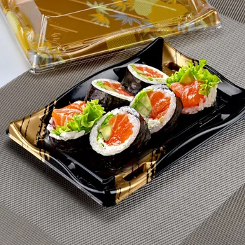 Потребителски продукт, луксозни японски екологично чисти тави за еднократна употреба за изнасяне на сьомга на храна за вкъщи, пластмасови опаковки за изнасяне, тава за суши