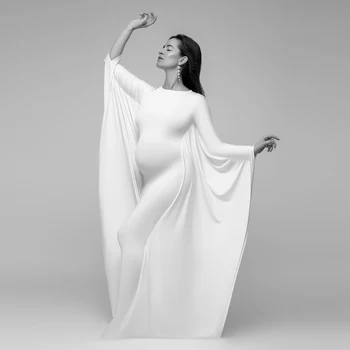Елегантна бяла рокля за фотосесии на бременни, вечерни рокли за бременни, удобно облекло богиня под формата на прилеп