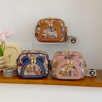 Дизайн с изображение на мечка, дамска чанта, чанта през рамо за жени, стилна дамска чанта с нитове, сладка женствена чанта-месинджър с диаманти