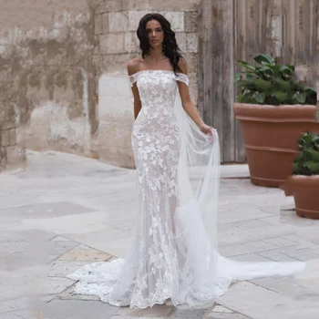 Сватбена рокля Русалка Smileven с открити рамене, шаферски рокли в стил бохо, Апликации на Дантела, Елегантна сватбена рокля vestido de noiva.