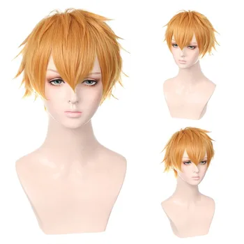 Новата носи етикет за услугата Синтетична мъжка прическа Боб с къси преки коса, външен перука за cosplay, жълто-оранжев блондинистый перука Омбре