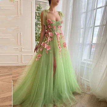 Последна пролетта вечерна рокля с аппликацией от зелен тюл, секси вечерна рокля за спагети презрамки, рокли за абитуриентски бал с цепка отстрани, 2023 г.